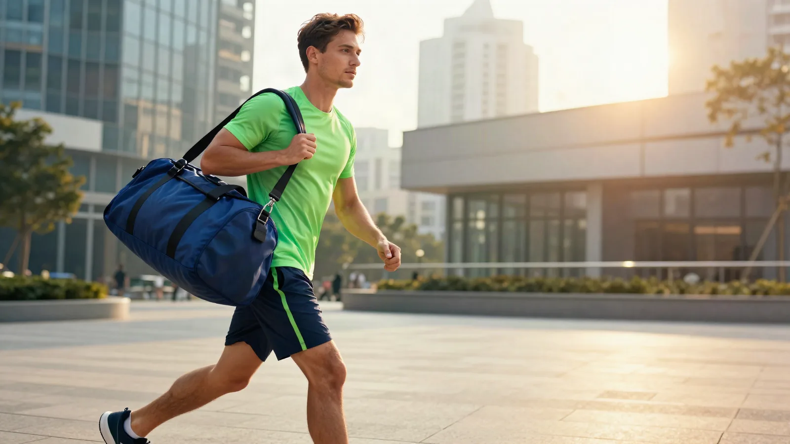 An athlete on the move through the city with a Brance sports bag