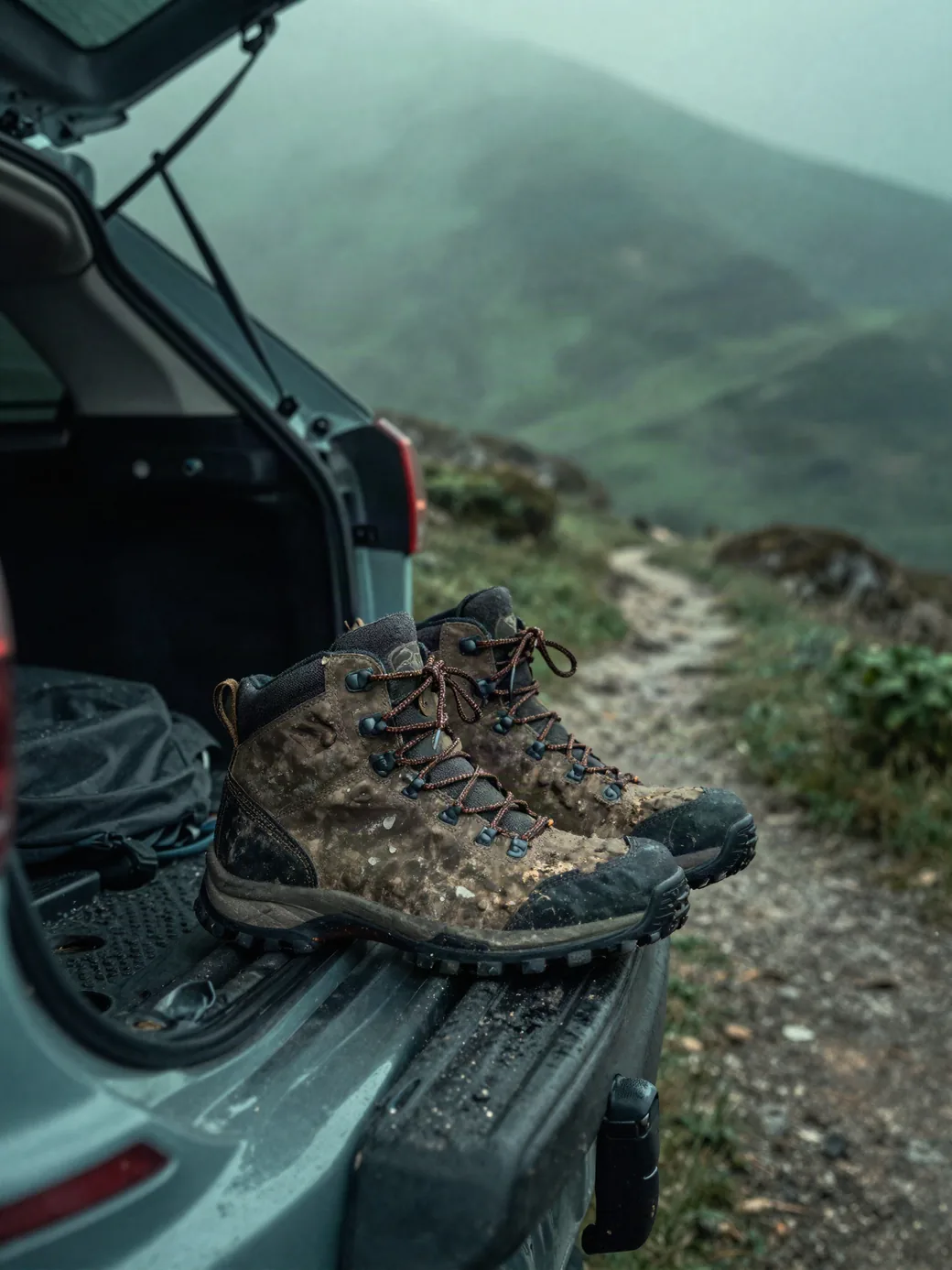 Muddy hiking boots by a car on a misty trail